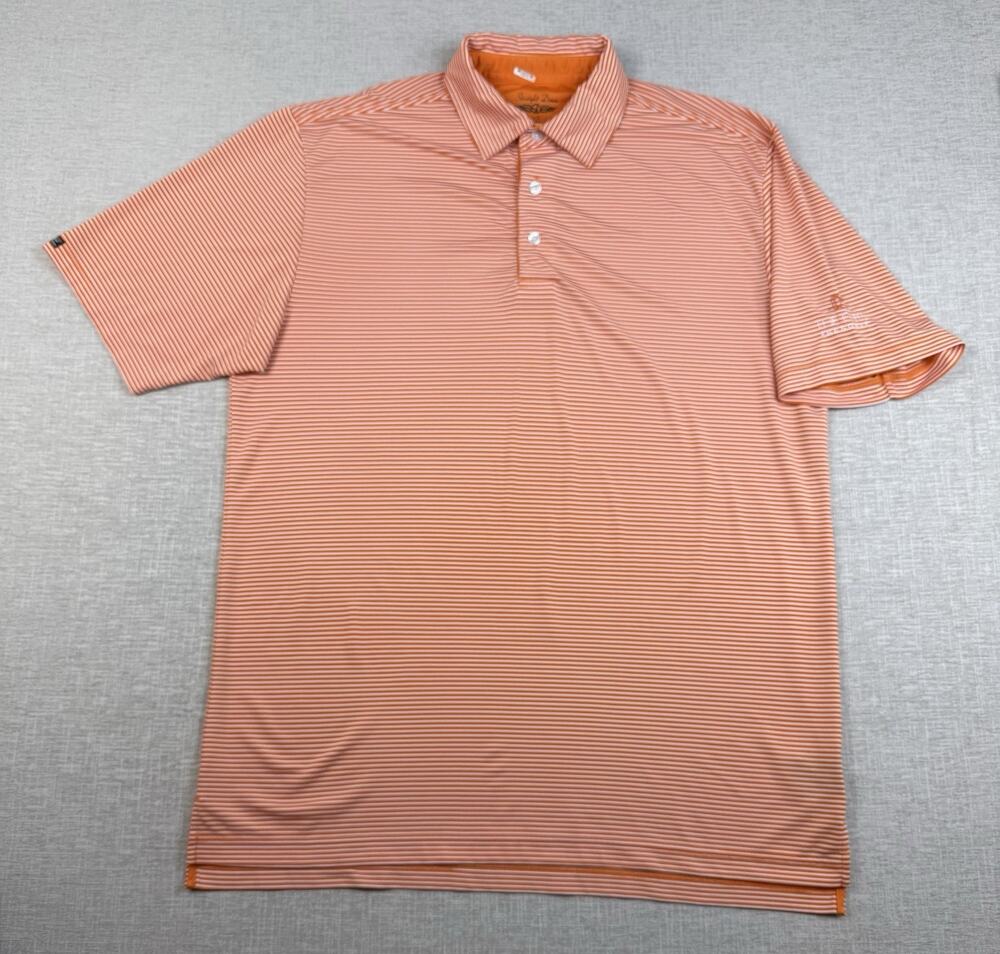 Straight Down Men’s Large Orange Striped Golf Polo The Cliffs Resort Logo